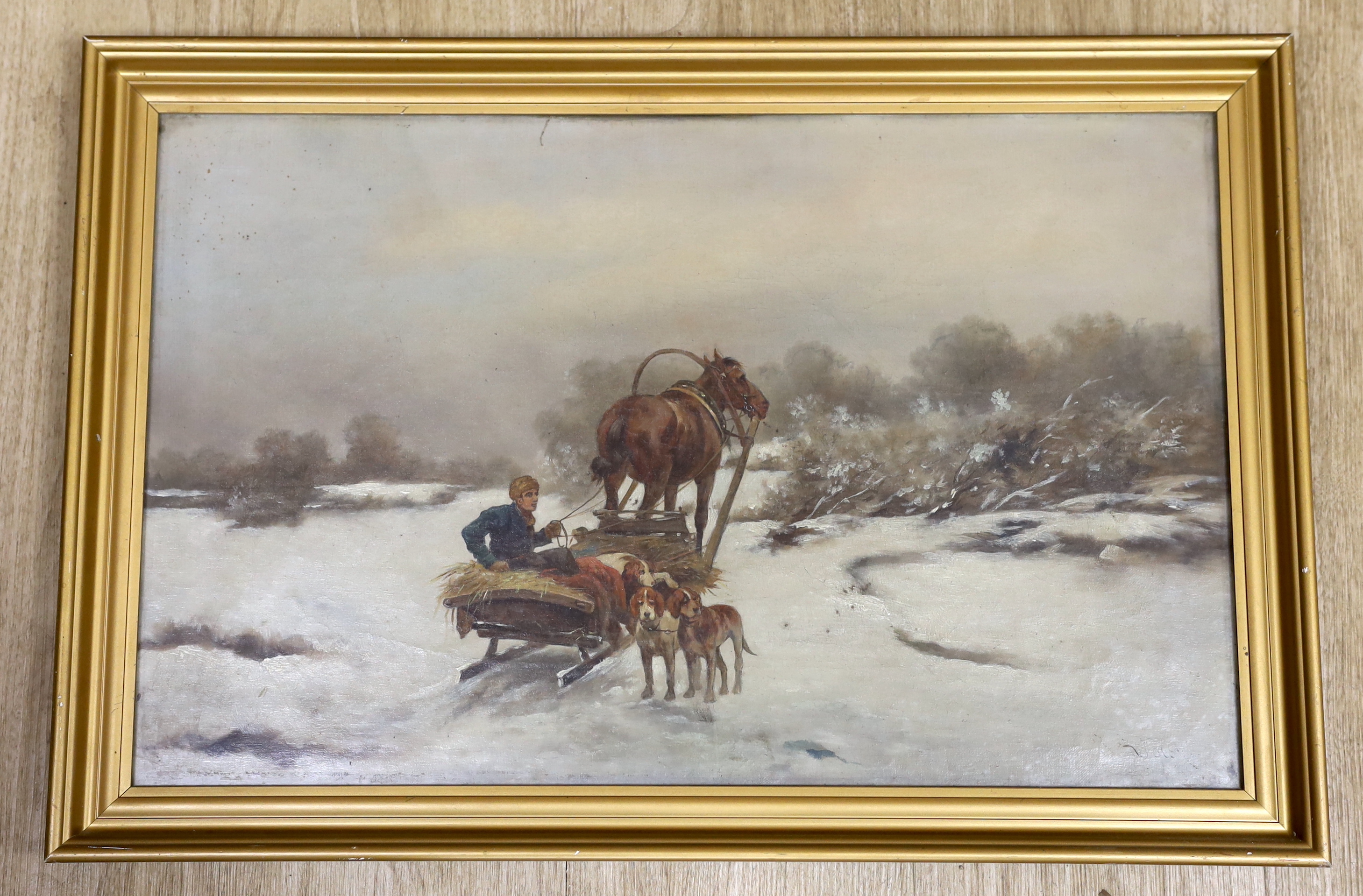 Janus Wolski (19th. C), oil on canvas, Troika with figure and dogs, signed, indistinct inscription verso, 36 x 57cm